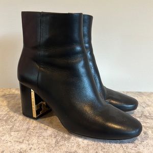 Tory Burch Black Leather Block Heel Ankle Boots with Gold Accent
